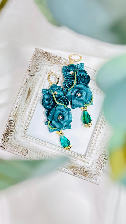 Teal Flower Earrings, Statement Dangle Romantic Earrings, Garden Inspired Botanical Jewelry