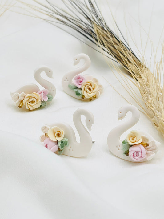 Swan Earrings | Small Stud Earrings | Swan Floral Earrings | Handmade Earrings | Polymer Clay Jewelry