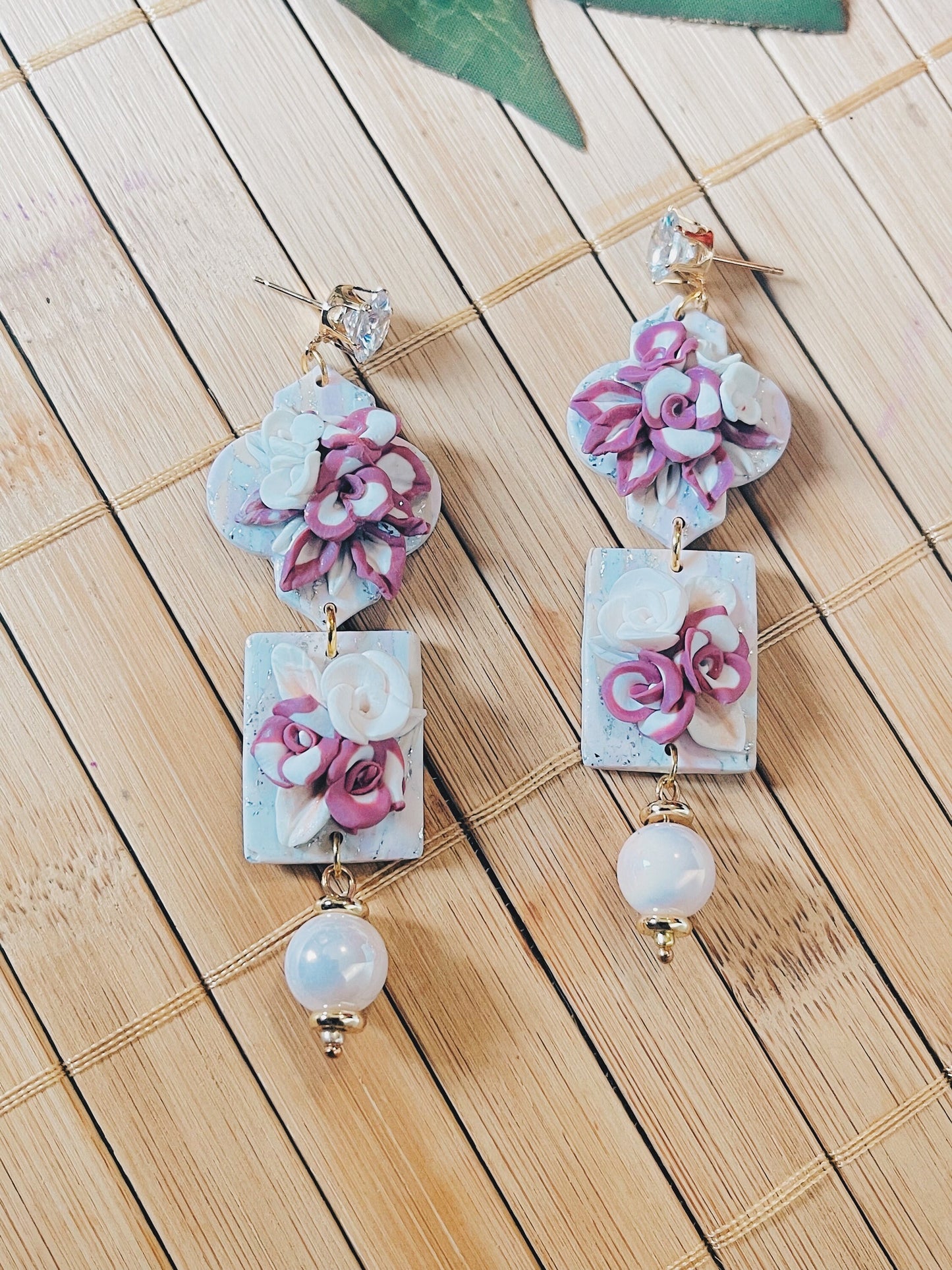 Floral Statement Rose Pink Earrings Clay, Sensitive Earrings, Plant Mom Gift, Unique Gifts For her