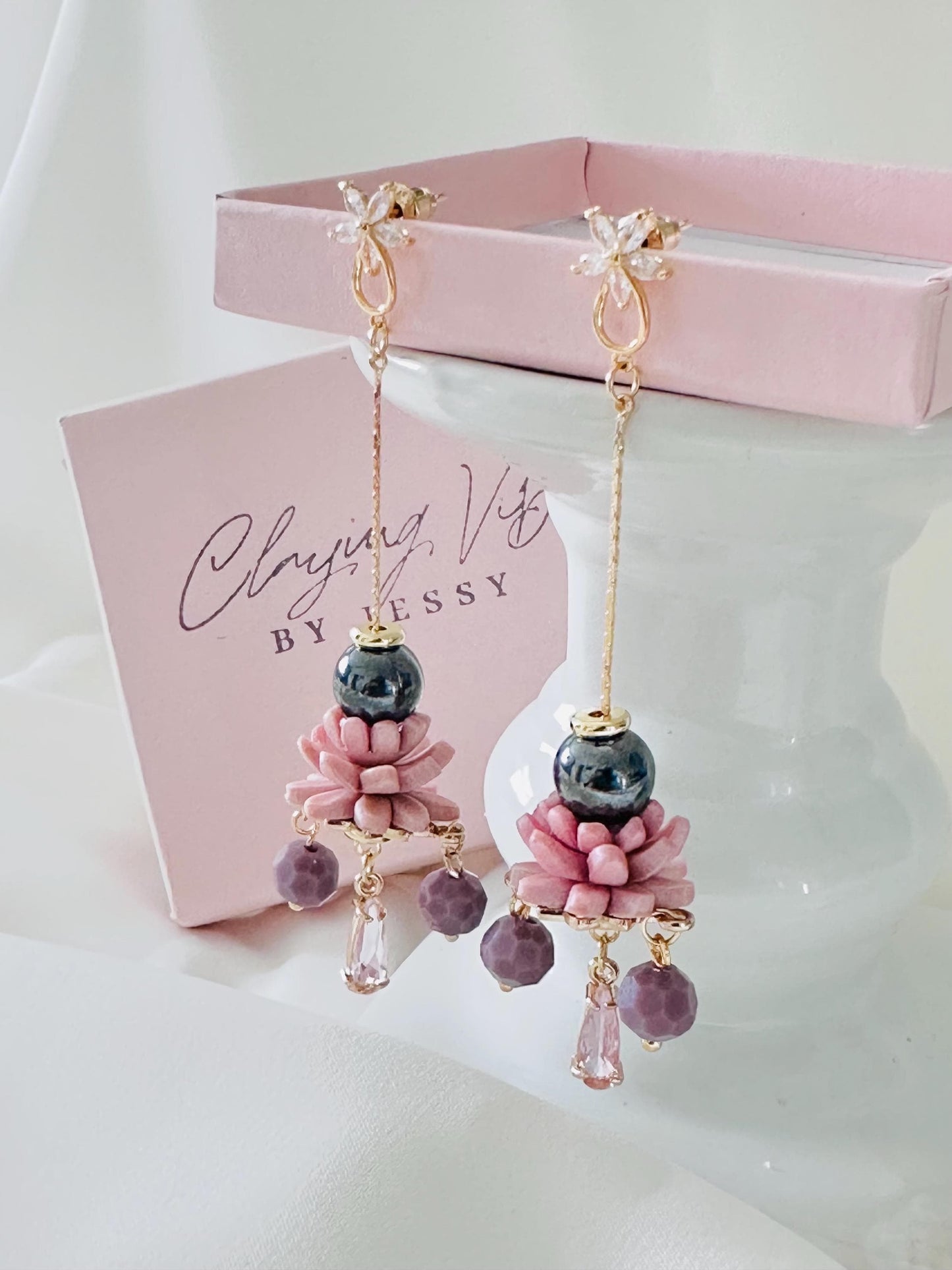 Handmade Polymer Clay Floral Jewelry | Crystal Earrings | Dangle Earrings | Bridal Jewelry