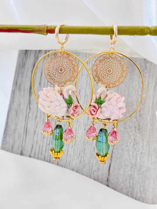 Swan Earrings Clay, Swan Floral Earrings,Swan Jewelry Gift,Pink Green Crystal Jewelry, Dangle Earrings