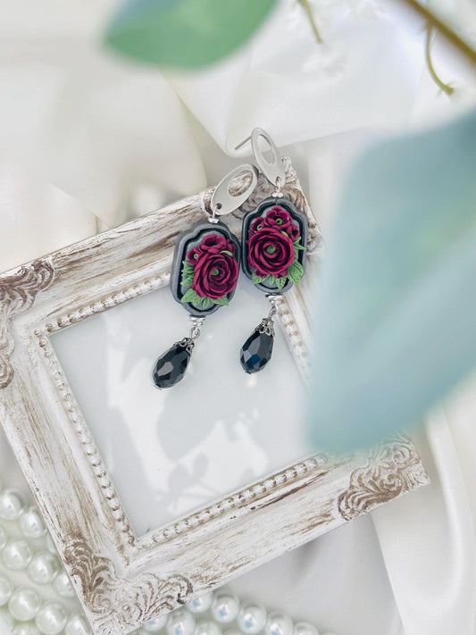 Handmade Polymer Clay Floral Jewellery | Floral Earrings | Crystal Earrings | Dark Read and Black Earrings | Bridal Jewellery |