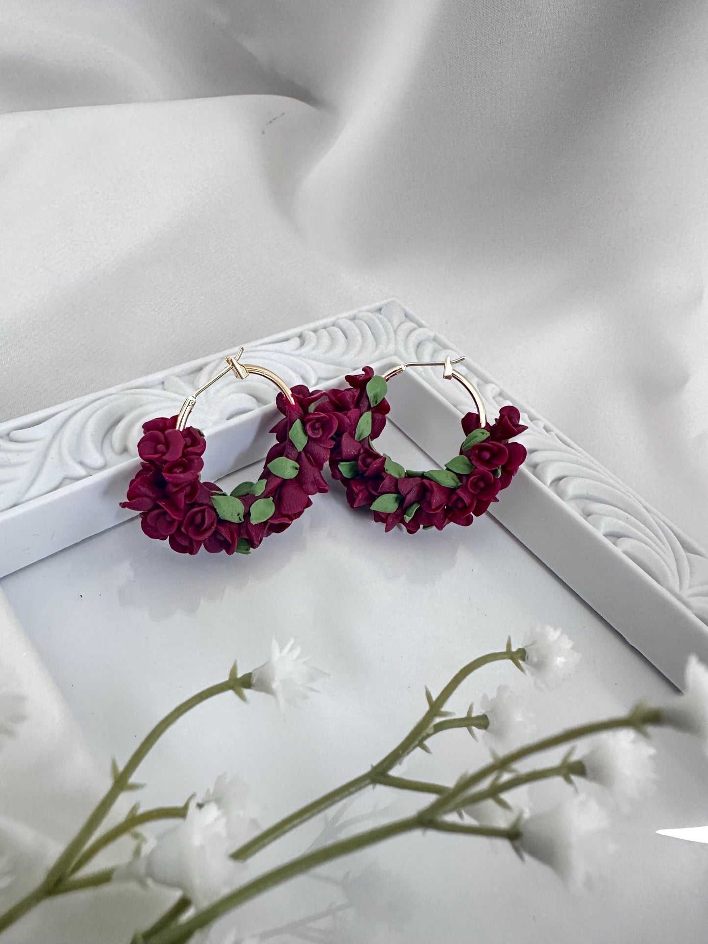 Floral Statement Earrings Clay, Maroon Floral Hoops Earrings, Round Earrings For Women, Flower Mom Gift