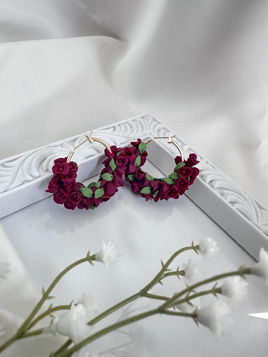 Floral Statement Earrings Clay, Maroon Floral Hoops Earrings, Round Earrings For Women, Flower Mom Gift