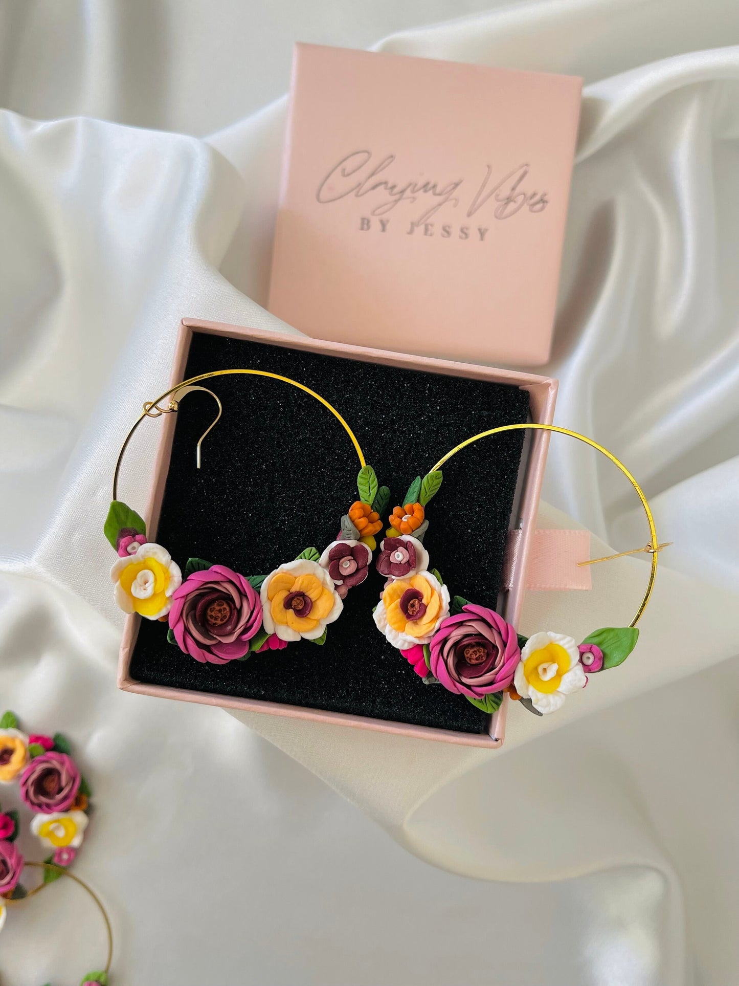 Floral Statement Earrings Clay, Pink Rose Earrings Hoops, Post Earrings For Women, Sensitive Earrings, Plant Mom Gift, Unique Gifts For her