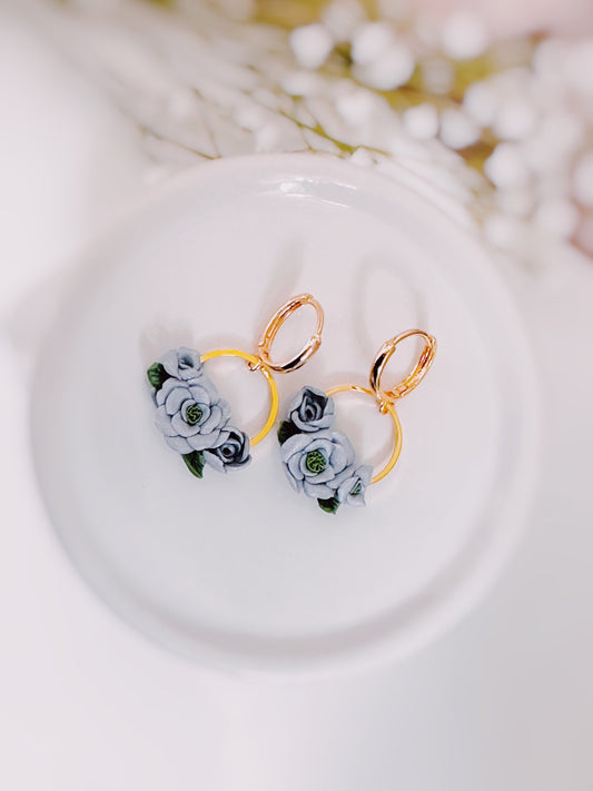 Bluish Grey Floral Earrings, Handmade Floral Polymer Clay Earrings, Minimalist Earrings