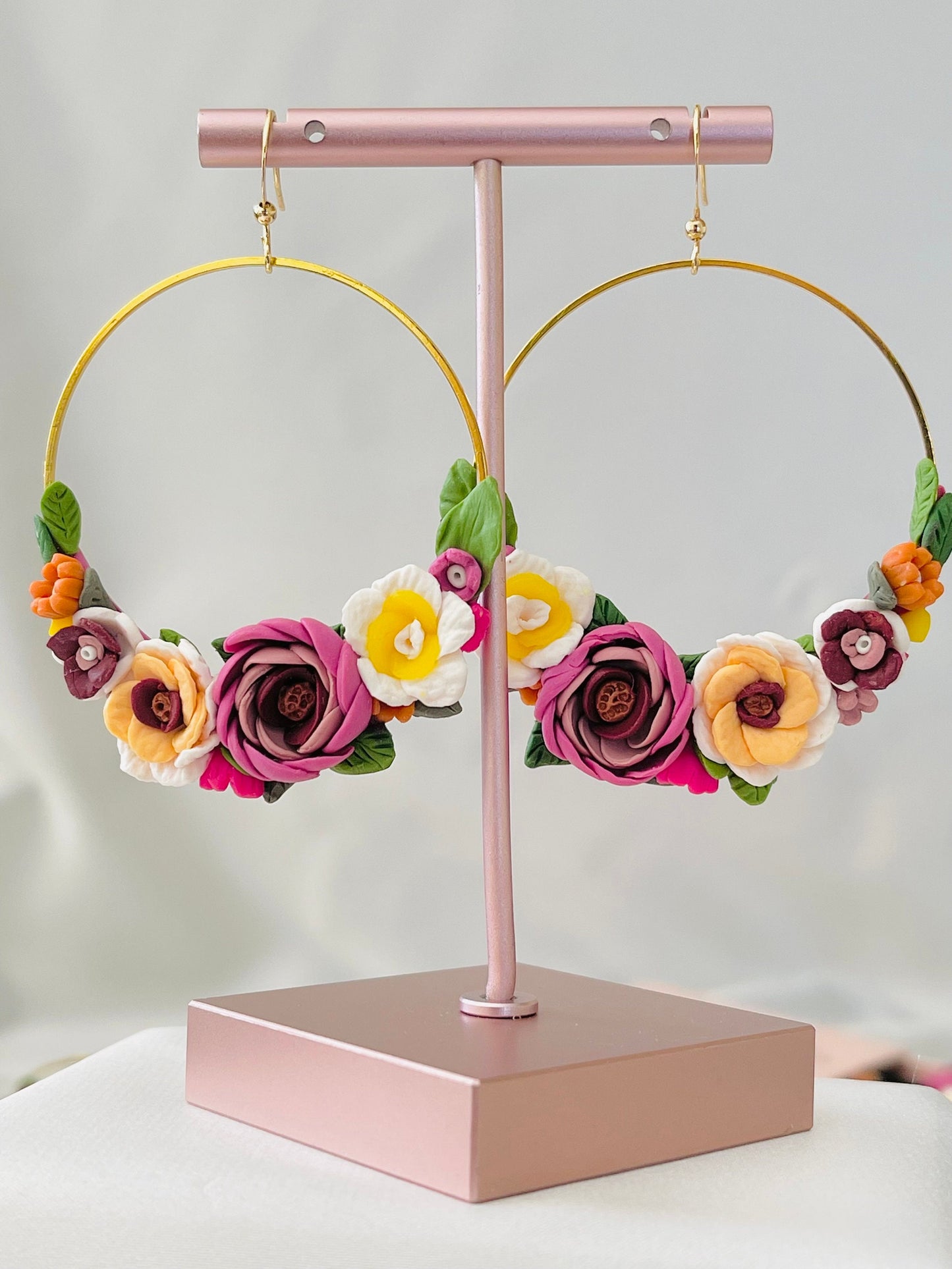 Floral Statement Earrings Clay, Pink Rose Earrings Hoops, Post Earrings For Women, Sensitive Earrings, Plant Mom Gift, Unique Gifts For her