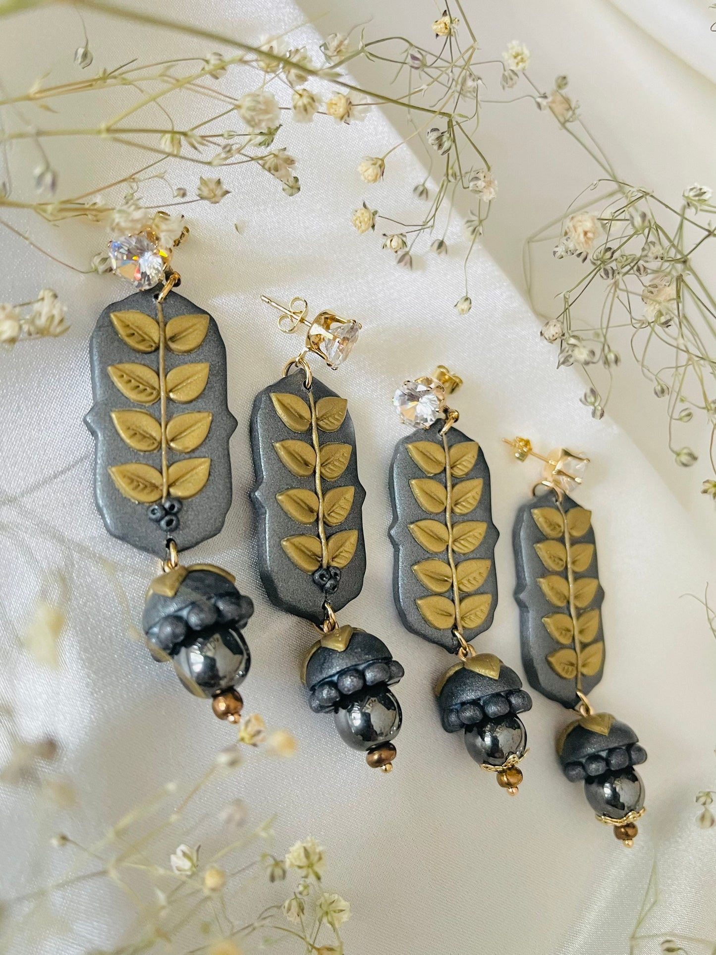 Jhumki Earrings, Polymer Clay Handmade Earrings, Black Earrings, Leaves Earrings, Plants Earrings