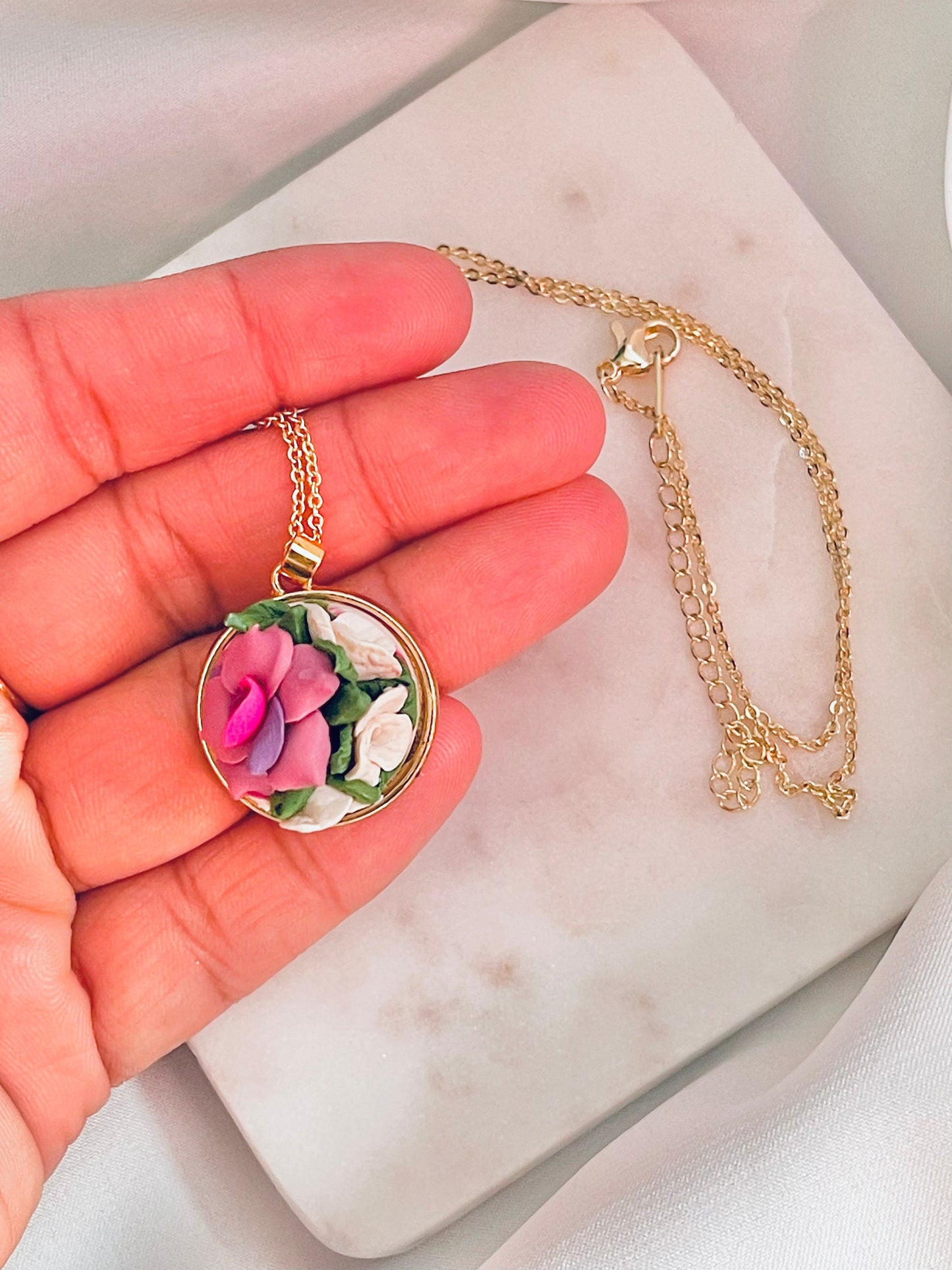 Polymer Clay Necklace | Round Pendant | Floral Necklace | Gold Plated Necklace | Chain Pendant | Botanical Pendant | Handmade Pendant