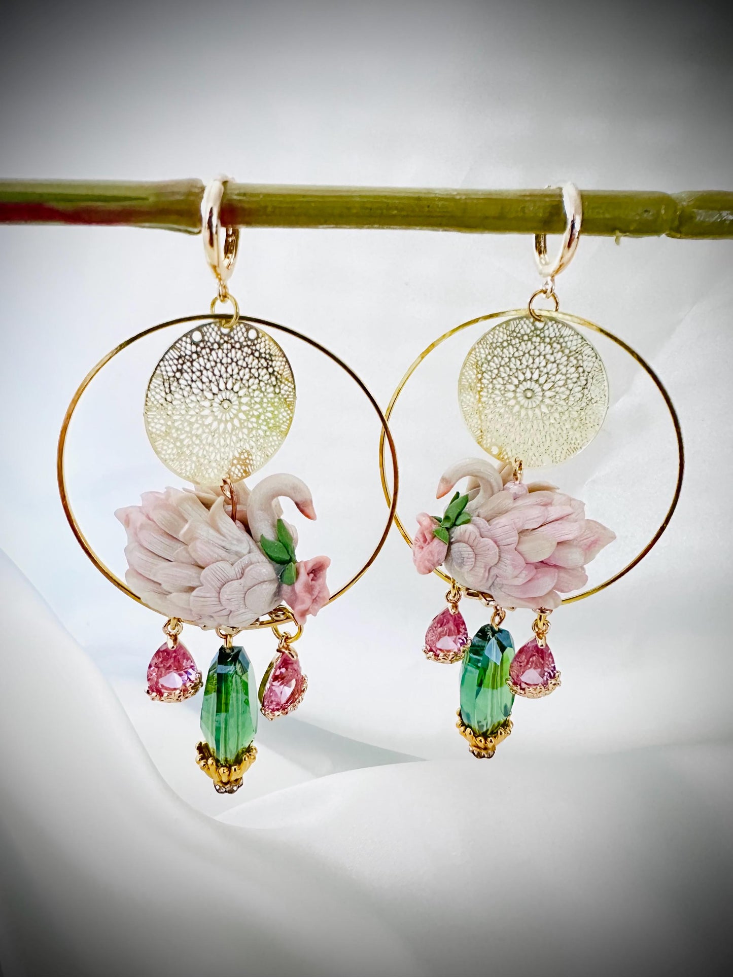 Swan Earrings Clay, Swan Floral Earrings,Swan Jewelry Gift,Pink Green Crystal Jewelry, Dangle Earrings