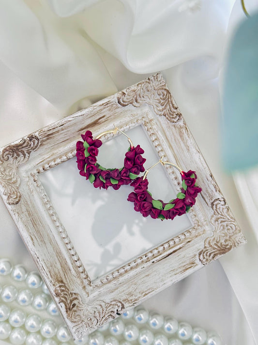 Floral Statement Earrings Clay, Maroon Floral Hoops Earrings, Round Earrings For Women, Flower Mom Gift