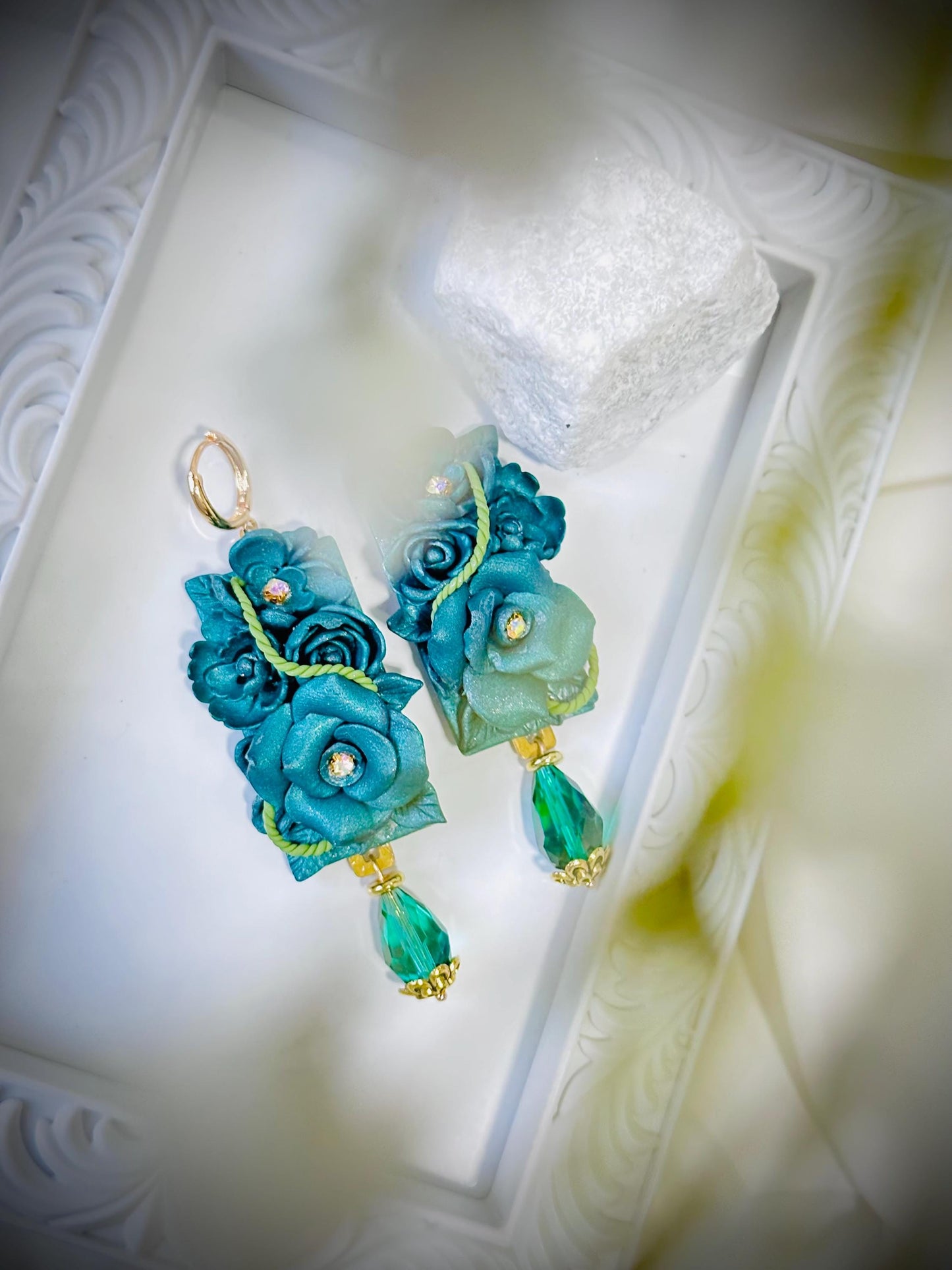 Teal Flower Earrings, Statement Dangle Romantic Earrings, Garden Inspired Botanical Jewelry