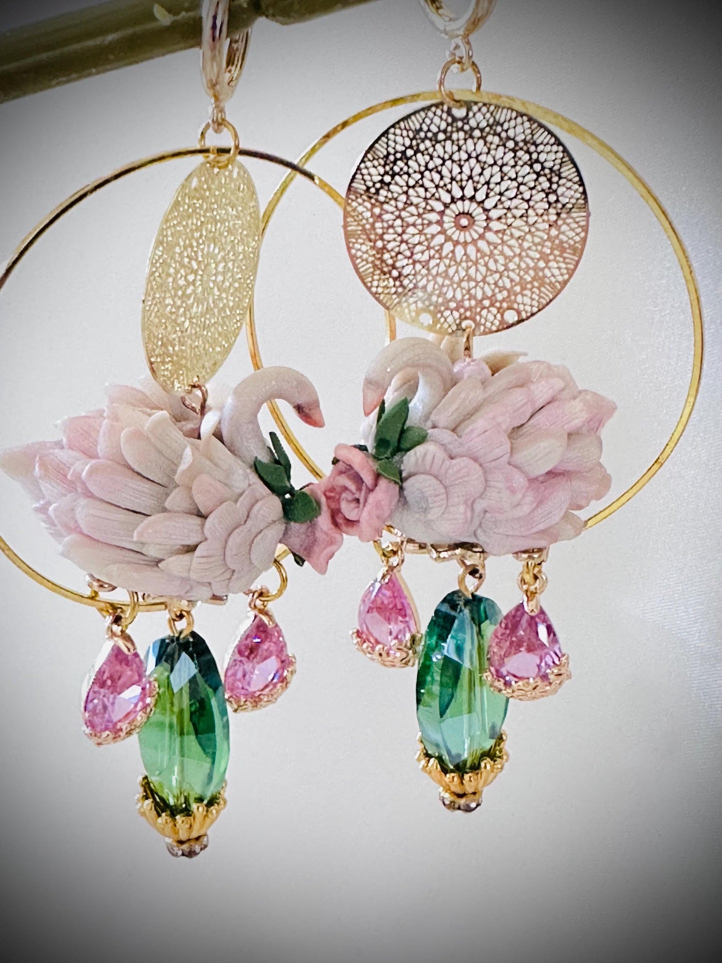 Swan Earrings Clay, Swan Floral Earrings,Swan Jewelry Gift,Pink Green Crystal Jewelry, Dangle Earrings