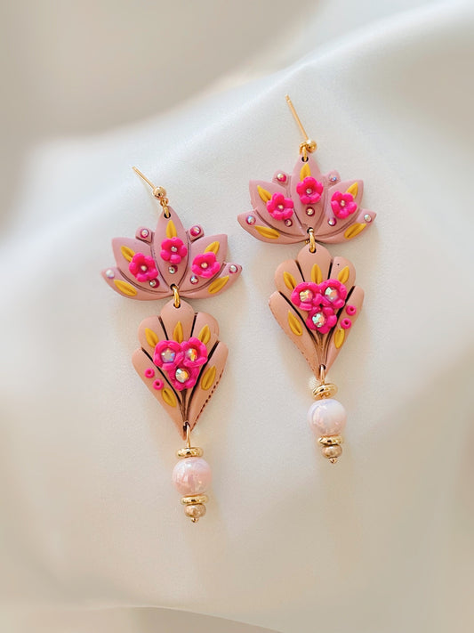 Lotus Floral Dangle Earrings, Handmade Polymer Clay Earrings