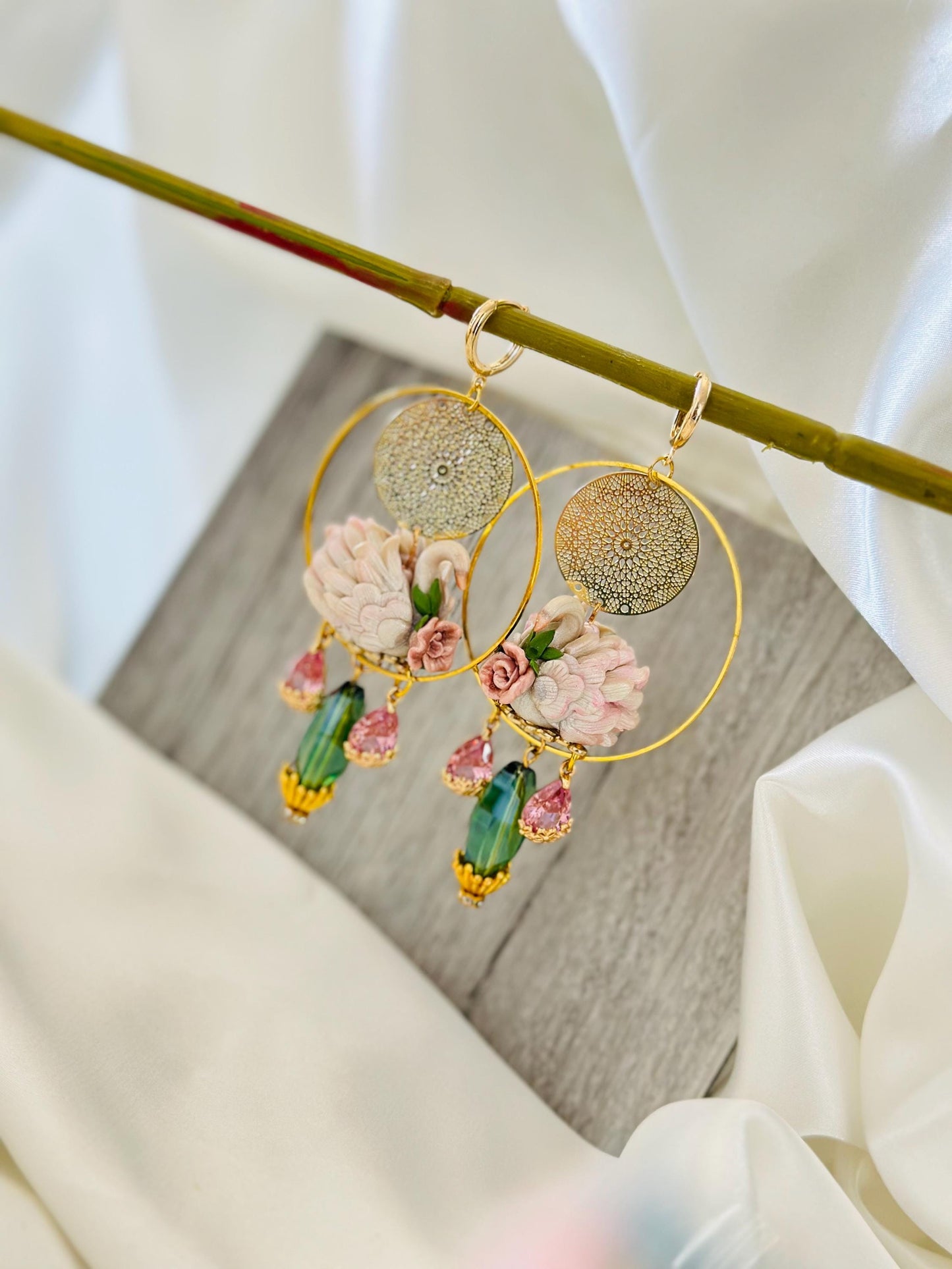 Swan Earrings Clay, Swan Floral Earrings,Swan Jewelry Gift,Pink Green Crystal Jewelry, Dangle Earrings