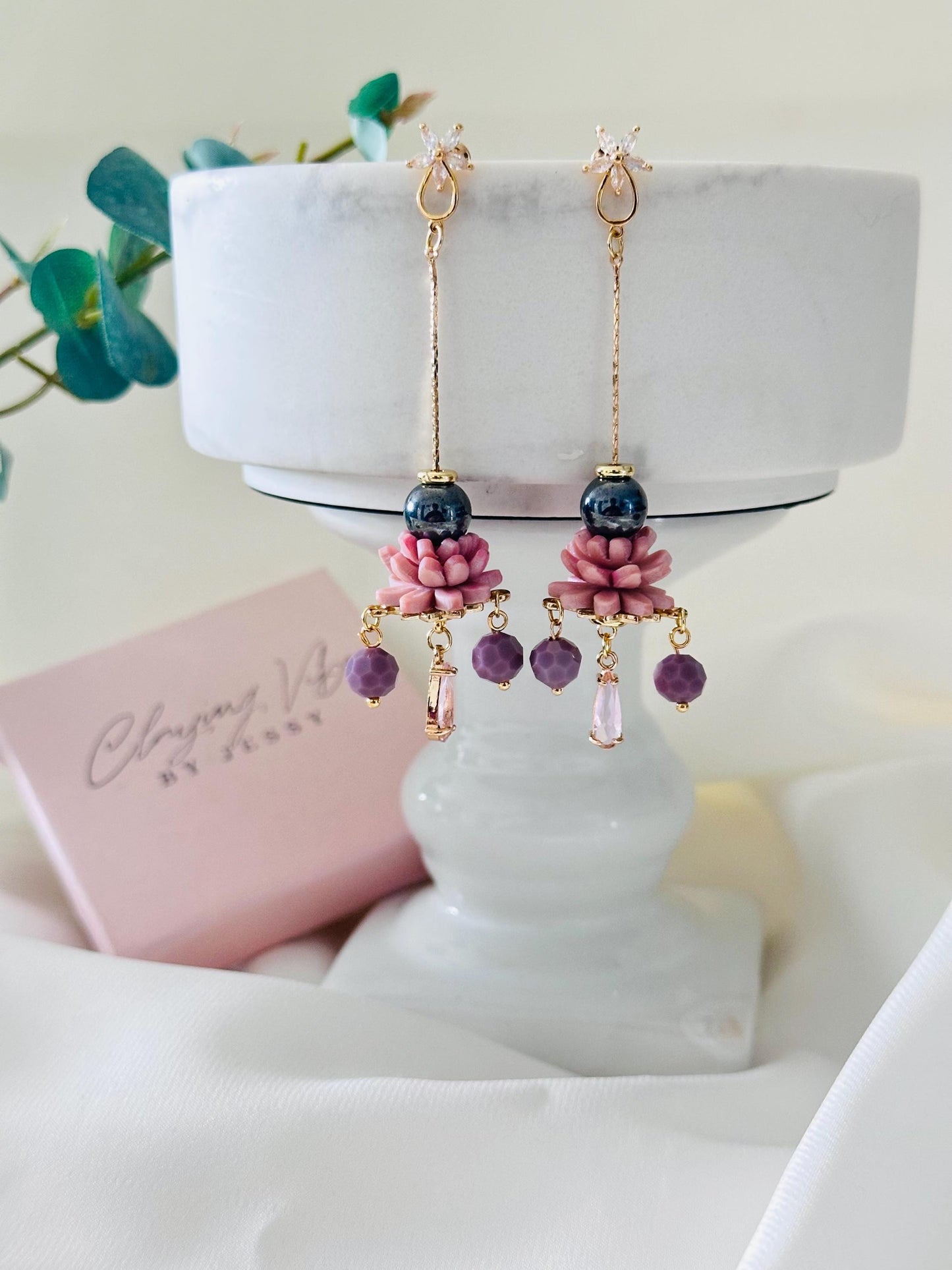 Handmade Polymer Clay Floral Jewelry | Crystal Earrings | Dangle Earrings | Bridal Jewelry