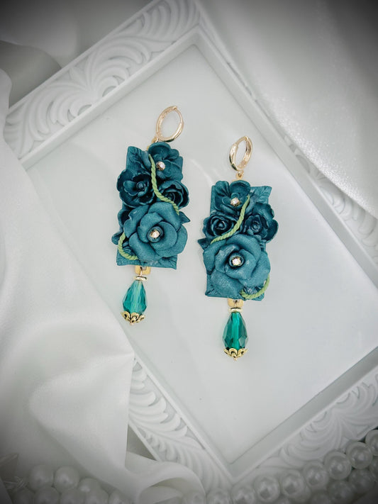 Teal Flower Earrings, Statement Dangle Romantic Earrings, Garden Inspired Botanical Jewelry